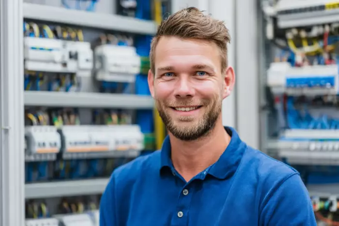 Elektriker steht lächelnd vor einem Schaltschrank