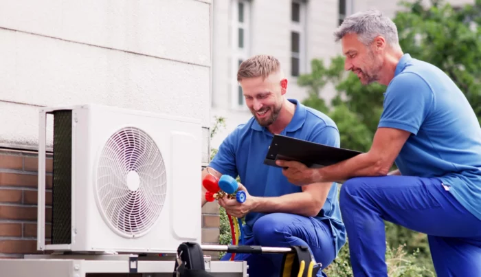 Zwei Techniker bei der Installation einer Wärmepumpe