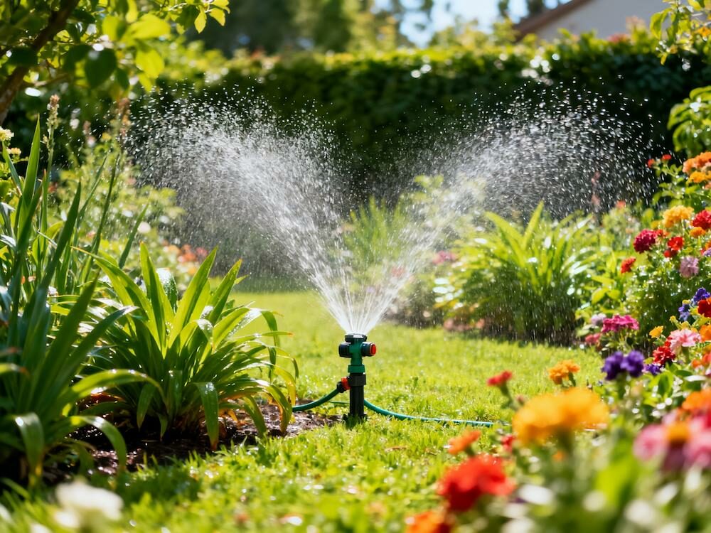 Garten Sanitär Installation. Sprinkleranlage in einem Garten mit bunten Blumen