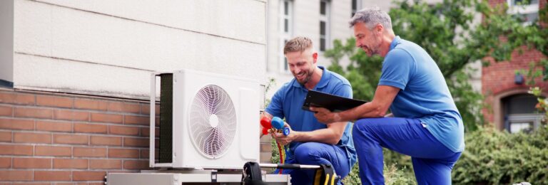 Zwei Techniker installieren eine Wärmepumpe