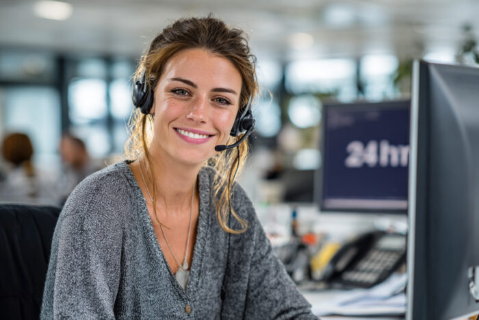 Lächelnde Telefonistin mit Headset im 24h Notdienst Servicecenter