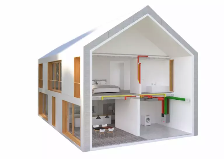 Grafik zeigt Aufbau einer Wohnraumbelüftung im Querschnitt eines Hauses