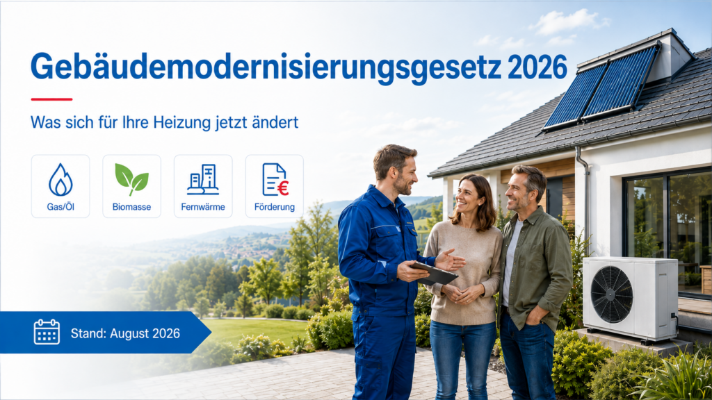 Die 65-Prozent-Regel ist Geschichte. Seit dem 29. Juli 2026 gilt das Gebäudemodernisierungsgesetz (GModG), und damit ändern sich die Vorgaben für den Heizungstausch grundlegend. Wer in Koblenz und der Region eine neue Heizung plant, kann wieder frei entscheiden, welche Technik ins Haus kommt. Gleichzeitig wurde die staatliche Förderung neu geordnet. Wir fassen zusammen, was jetzt gilt und was das für Ihr Haus bedeutet.