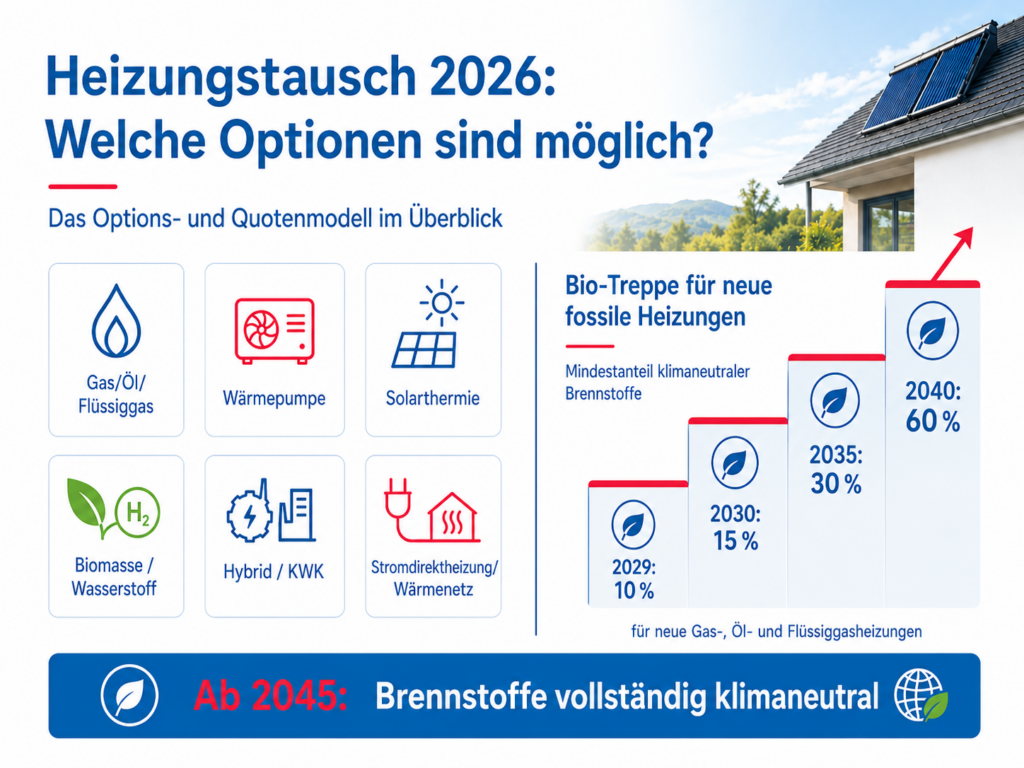 Heizungstausch 2026: Optionen
Eigentümer wählen wieder frei zwischen Wärmepumpe, Fernwärmeanschluss, Biomasse, Hybridheizung sowie Gas- und Ölheizung.
Die Biotreppe kommt für fossile Anlagen.