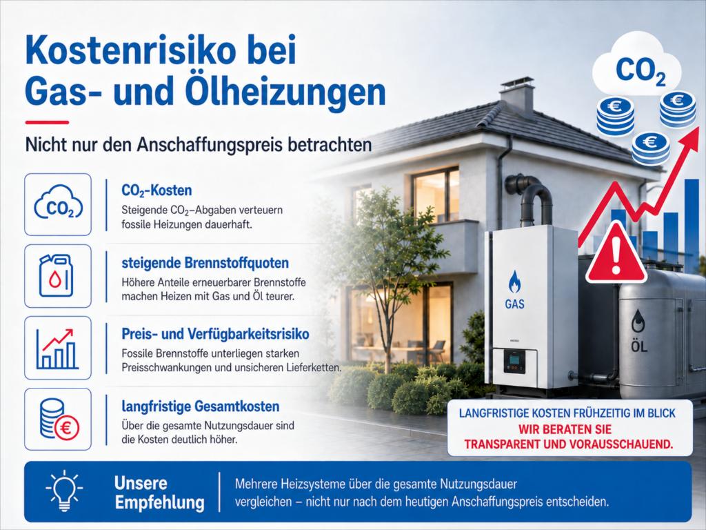 Kostenrisiko bei Gas- und Ölheizungen
Ab 2029 steigen die vorgeschriebenen Anteile klimaneutraler Brennstoffe; künftige Preise und Verfügbarkeit sind nicht sicher vorhersehbar. Für den fossilen Anteil fallen weiterhin CO₂-Kosten an. Ab 2045 müssen die Brennstoffe vollständig klimaneutral sein.